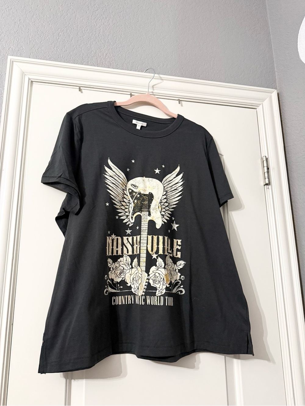 Maurices Black Graphic Tee with Gold Nashville Guitar Design